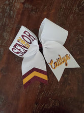Load image into Gallery viewer, White, burgundy, and athletic yellow Senior  cheer bow with custom name 
