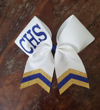 Load image into Gallery viewer, White Chevron Tail Cheer/Dance/Softball Bow with Name
