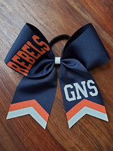 Load image into Gallery viewer, Navy blue and orange and white cheer bow with custom text
