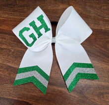 Load image into Gallery viewer, White Chevron Tail Cheer/Dance/Softball Bow with Name
