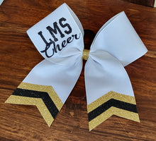 Load image into Gallery viewer, White Chevron Tail Cheer/Dance/Softball Bow with Name
