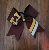 Maroon bow with athletic yellow and white custom stripes and text