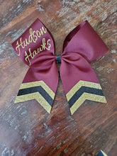 Load image into Gallery viewer, Custom Red/Maroon Cheer/Dance/Softball Bow with Name and chevrons
