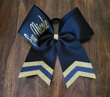 Load image into Gallery viewer, Navy blue and gold bow with personalized name 

