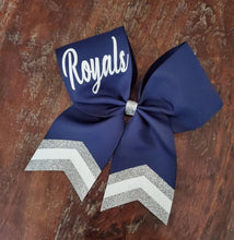 Load image into Gallery viewer, Navy blue bow with white and silver chevrons and custom name. 
