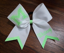 Load image into Gallery viewer, White and neon green hair bow with a custom logo and name
