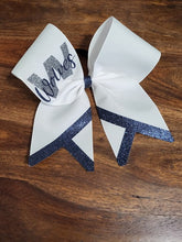 Load image into Gallery viewer, White, Navy, and Grey cheer bow with custom name
