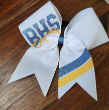 Load image into Gallery viewer, White cheer bow with old blue and athletic yellow stripes and text

