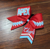 Red and Neon Blue Softball bow with custom text 