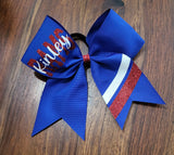Blue, white, and red hair bow with custom text