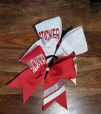 Red, silver, and white cheerleading bow with custom text