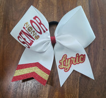 Load image into Gallery viewer, White Senior bow with red and gold text
