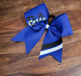 Royal Blue bow with black and white glitter and custom text