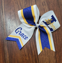 Load image into Gallery viewer, Striped Chevron Tail Cheer Bow with Names
