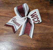 Load image into Gallery viewer, Striped Chevron Tail Cheer Bow with Names
