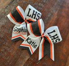 Load image into Gallery viewer, Striped Chevron Tail Cheer Bow with Names
