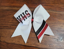 Load image into Gallery viewer, Custom White cheer bow with red and black glitter accents and custom names 
