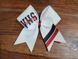 Custom White cheer bow with red and black glitter accents and custom names 