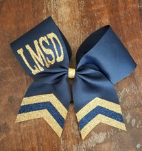 Load image into Gallery viewer, BLUE or NAVY Chevron Tail Cheer/Dance/Softball Bow with Name
