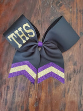 Load image into Gallery viewer, Black Chevron Tail Cheer/Dance/Softball Bow with Name
