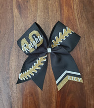 Load image into Gallery viewer, Black Softball bow with Gold and white accents 
