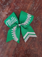 Load image into Gallery viewer, Green Softball bow with Silver and white accents
