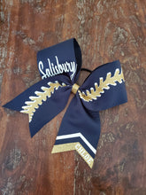 Load image into Gallery viewer, Navy blue Softball bow with gold and white accents
