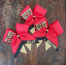 Load image into Gallery viewer, Custom Cheer/Senior/Softball Bow with Name and Striped tail
