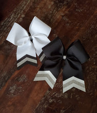 Load image into Gallery viewer, White and black hair bows with black, white, and silver chevrons
