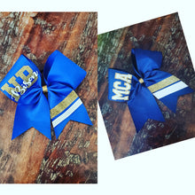 Load image into Gallery viewer, Royal blue, electric blue, white and gold custom bow 
