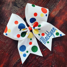Load image into Gallery viewer, Polka Dot Cheer/Dance/Softball Bow with name.
