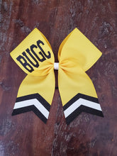 Load image into Gallery viewer, Custom Purple/Orange/Yellow Cheer/Dance/ Softball Bow with Name
