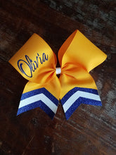 Load image into Gallery viewer, Custom Purple/Orange/Yellow Cheer/Dance/ Softball Bow with Name
