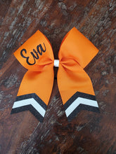 Load image into Gallery viewer, Custom Purple/Orange/Yellow Cheer/Dance/ Softball Bow with Name
