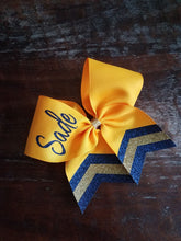 Load image into Gallery viewer, Custom Purple/Orange/Yellow Cheer/Dance/ Softball Bow with Name
