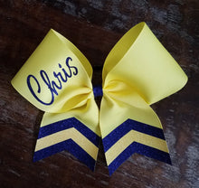 Load image into Gallery viewer, Custom Purple/Orange/Yellow Cheer/Dance/ Softball Bow with Name
