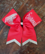 Load image into Gallery viewer, Red ribbon with silver glitter and custom logo and name. 
