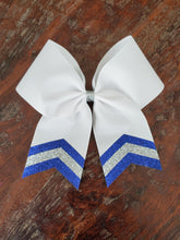 Load image into Gallery viewer, White hair bow with royal blue and silver chevrons
