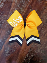 Load image into Gallery viewer, Custom Purple/Orange/Yellow Cheer/Dance/ Softball Bow with Name

