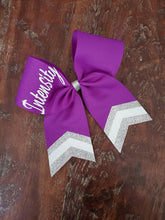 Load image into Gallery viewer, Custom Purple/Orange/Yellow Cheer/Dance/ Softball Bow with Name
