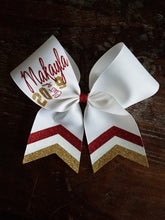 Load image into Gallery viewer, Custom 3 color Chevron Tail Cheer/Softball/Dance Bow with 2 names.

