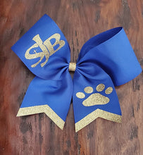 Load image into Gallery viewer, Royal blue ribbon with gold glitter and custom school logo and mascot
