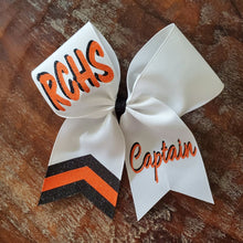 Load image into Gallery viewer, White orange and black custom cheer bow 
