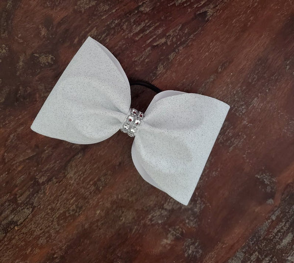 White Glitter Rhinestone Tailless Cheer Bow