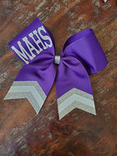 Load image into Gallery viewer, Custom Purple/Orange/Yellow Cheer/Dance/ Softball Bow with Name
