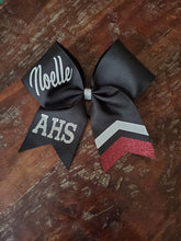 Load image into Gallery viewer, black bow with burgundy and white chevrons and custom names. 
