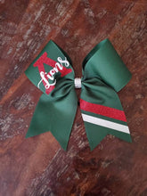 Load image into Gallery viewer, Forest green, red, and white custom striped bow
