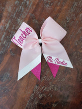 Load image into Gallery viewer, Custom Cheer/Senior/Softball Bow with Name and Striped tail
