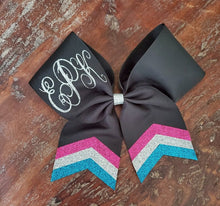 Load image into Gallery viewer, Custom 3 color Chevron Tail Cheer/Softball/Dance Bow with 2 names.
