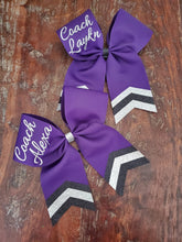 Load image into Gallery viewer, Custom Purple/Orange/Yellow Cheer/Dance/ Softball Bow with Name
